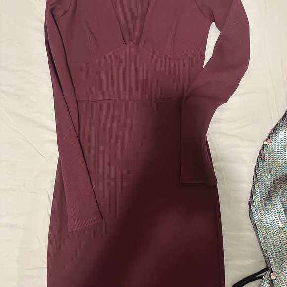 Naked Wardrobe Red Long Sleeve V-Neck Bodycon Dress - Picture 1 of 3